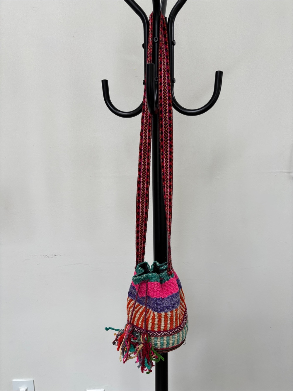 Colorful Handwoven Drawstring Crossbody Bag in Pink, Purple & Green
